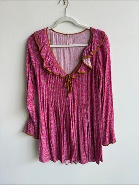 Ace & Jig Pink Floral V-Neck Dress with Mustard Trim